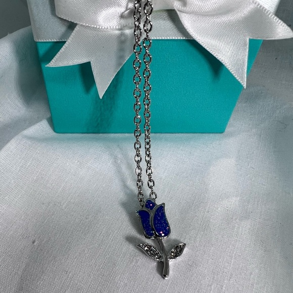Blue Glitter Sparkle Tulip Flower Floral Necklace Deadstock NEW Minimalist - Picture 5 of 8